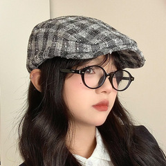 日系秋冬百搭前进帽显脸小格子贝雷帽子女复古棉布透气文艺画家帽