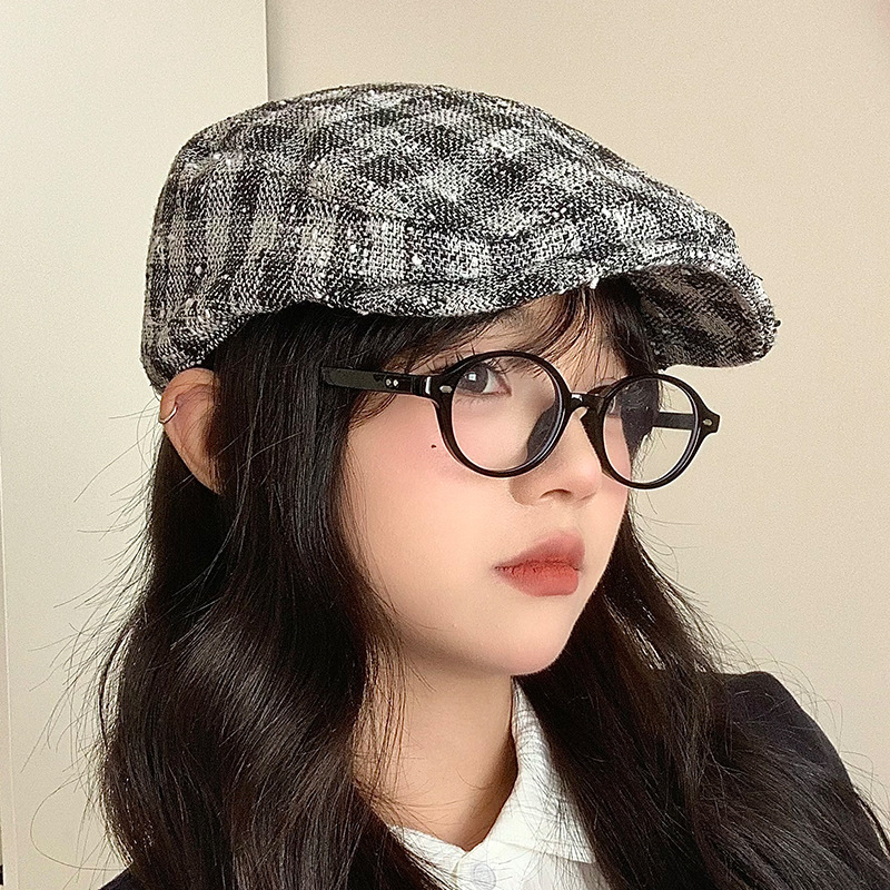 日系秋冬百搭前进帽显脸小格子贝雷帽子女复古棉布透气文艺画家帽|undefined
