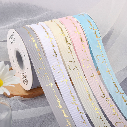 Gold foil woven floral gift box ribbon for birthday cake, letter band print satin ribbon 2.5cm