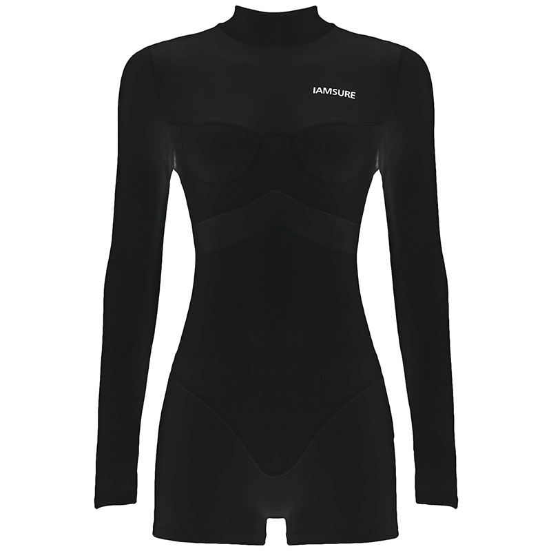 Street Sexy Casual Mesh Stitching One Piece Short Half Turtleneck Sexy Tight Long Sleeve Narrow Jumpsuit Women
