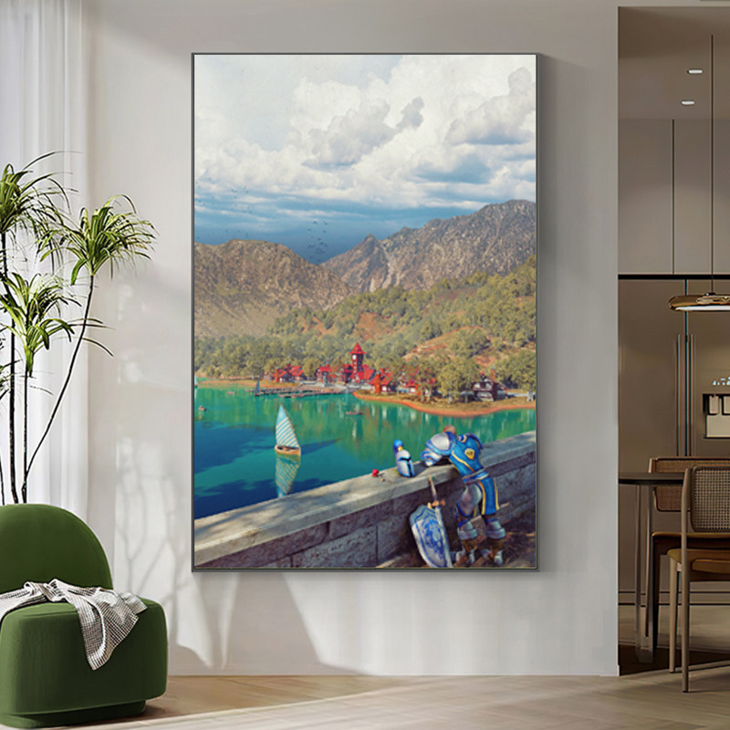 Naglan Lakeside Town Landscape Painting, Modern Minimalist Wall Art with Metal Frame