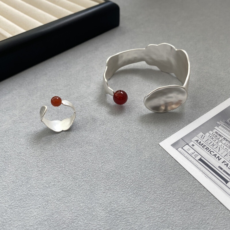 Burnt White Round Spoon Hammered Pattern Open Bracelet Ring New Chinese Style Light Luxury Niche High-End Minimalist Style Bracelet