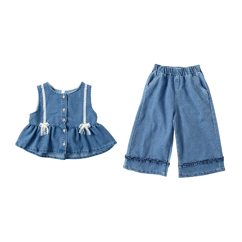 Demi-season denim trousers, spring set girl's, Chanel style, Korean style, 3 piece set