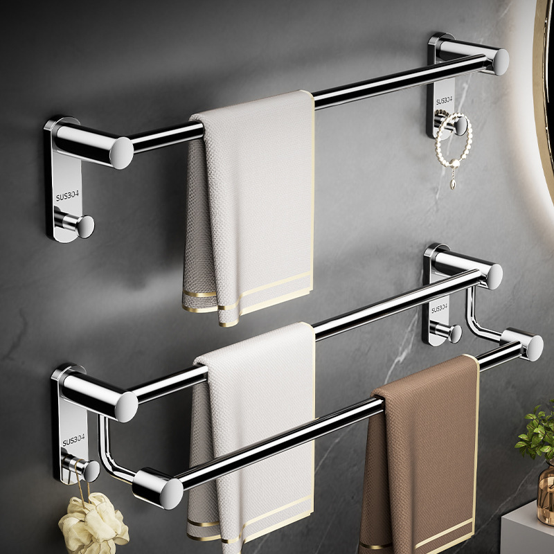 304 Stainless Steel Towel Rack with Hooks, No-Drill Bathroom Towel Bar, Wall-Mounted Toilet Storage Rack 304 Stainless Steel Towel Rack with Hooks, No-Drill Bathroom Towel Bar, Wall-Mounted Toilet Storage Rack
