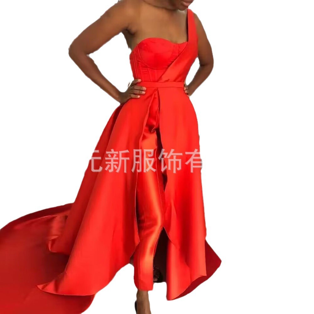 AliExpress satén rojo un hombro vestido de fiesta mono con falda desmontable noche pantalones traje