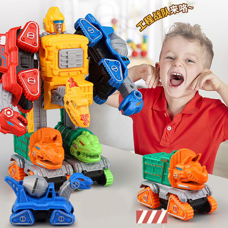 Transfronterizo dinosaurio montado deformación cinco en uno de los niños de ingeniería de incendios vehículo excavadora carro de la suciedad niño juguetes educativos