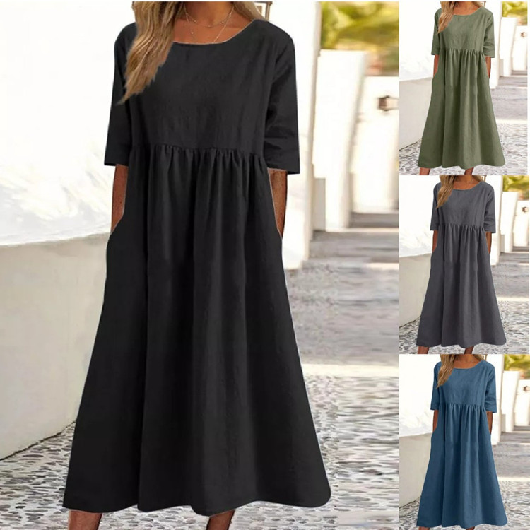 Cross-Border Foreign Trade 2026 Spring and Summer New Style Round Neck 5-Sleeve Plus Size Casual Loose Long Solid Color Cotton and Linen Dress