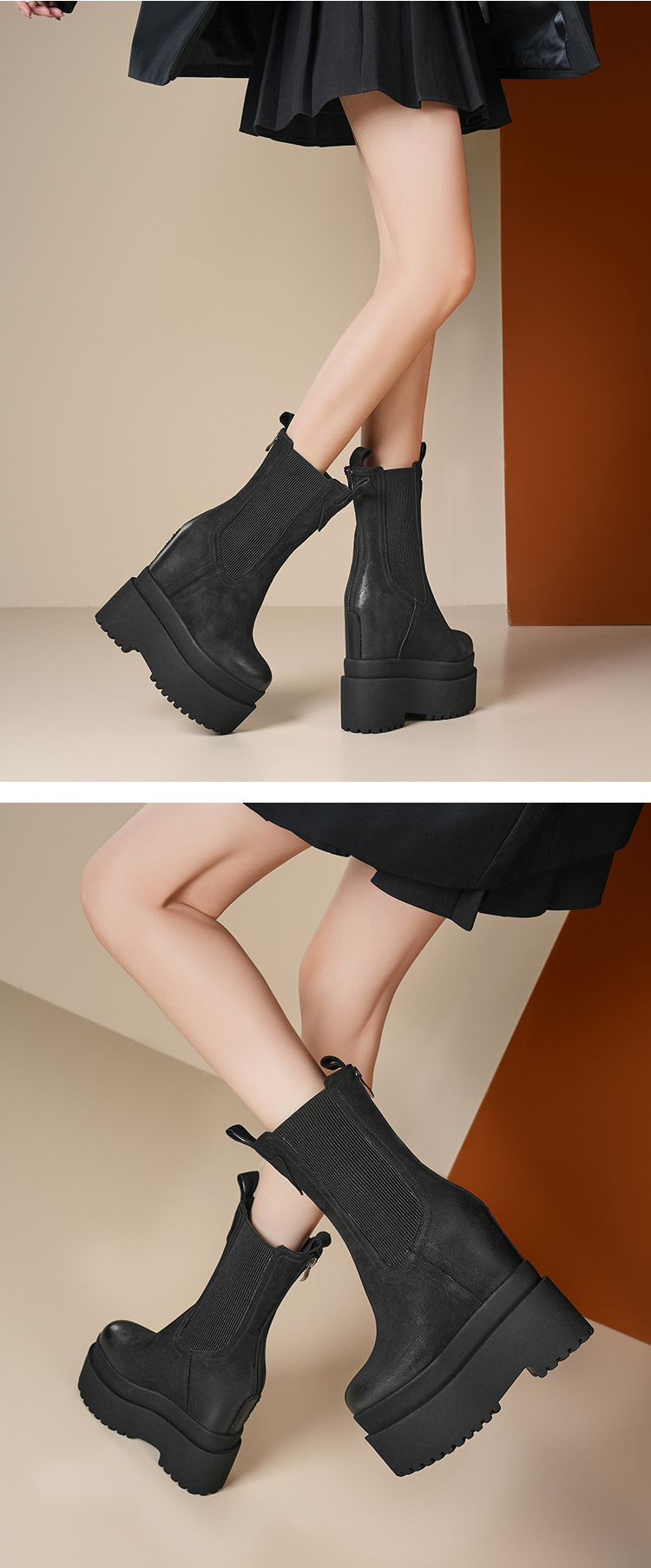 Boot Chelsea nữ cổ thun đế siêu cao 16cm da thật — Màu đen lót nhung chi tiết 2