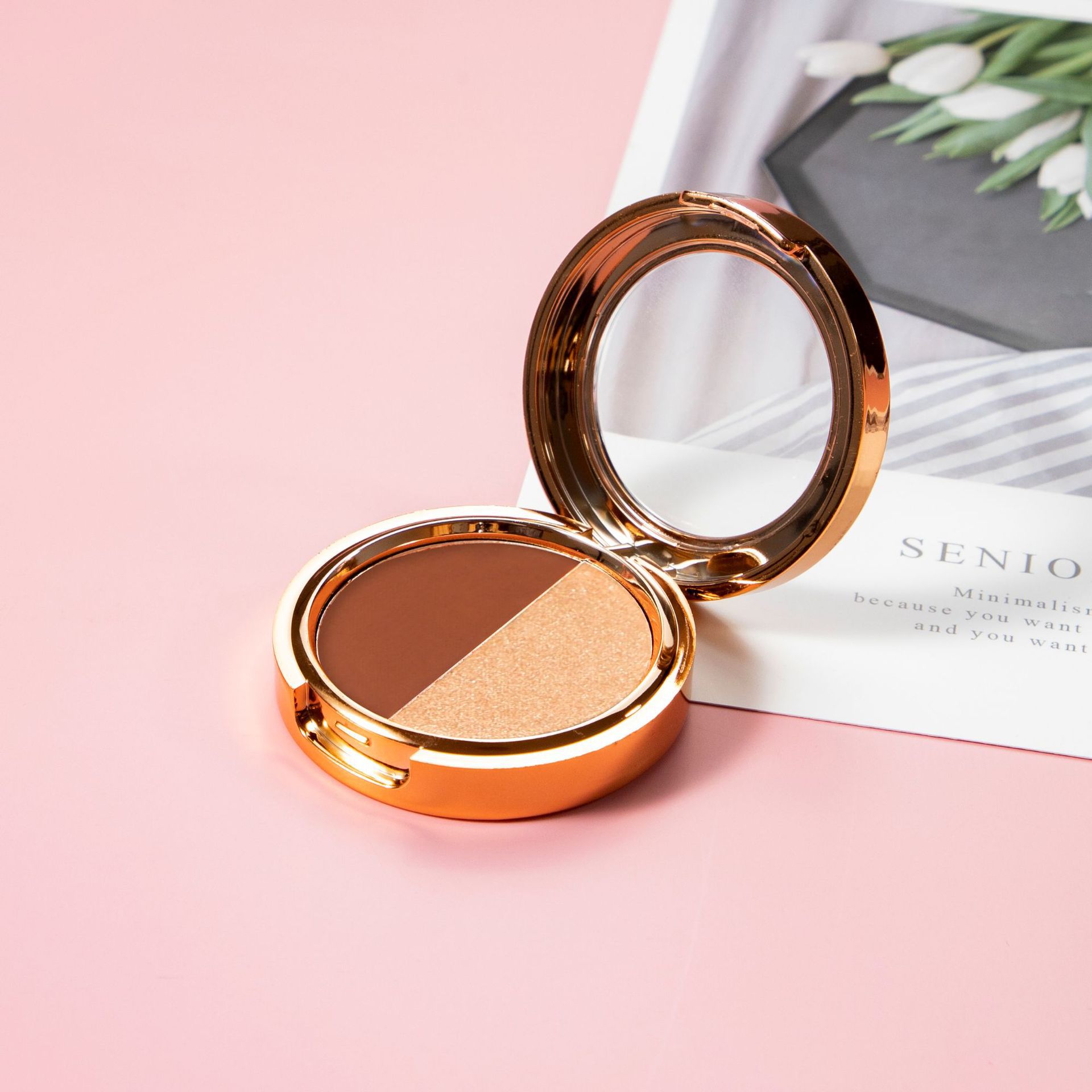 Maquillaje transfronterizo, sombra de ojos de dos colores, combinación de acabado nacarado en uno, paleta de sombras de ojos en polvo delicada y no voladora, multiusos