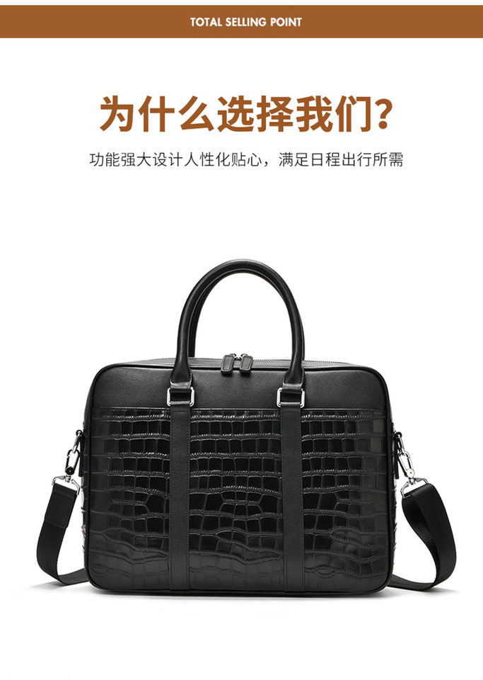 Túi xách tay nam da bò lớp đầu vân cá sấu, đeo chéo dung tích lớn 39×7×29 cm — màu đen chi tiết 5