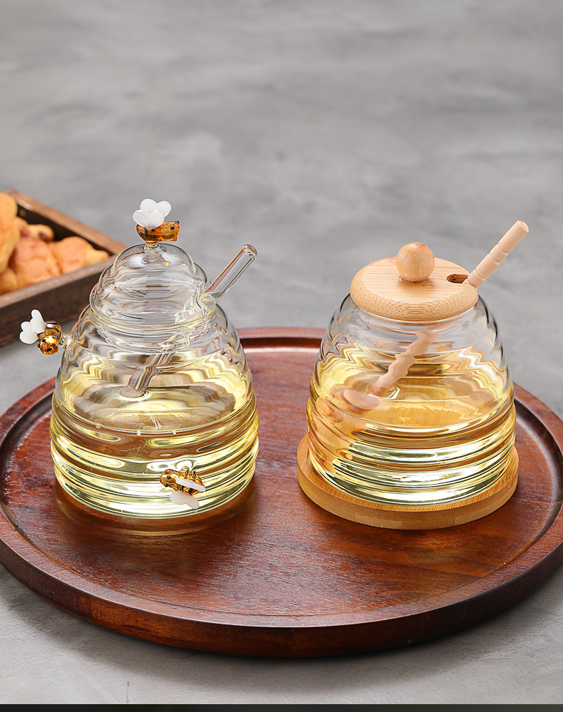 蜂蜜波纹玻璃罐,带勺500ml,高硼硅蜂蜜储物罐,圆形密封收纳罐