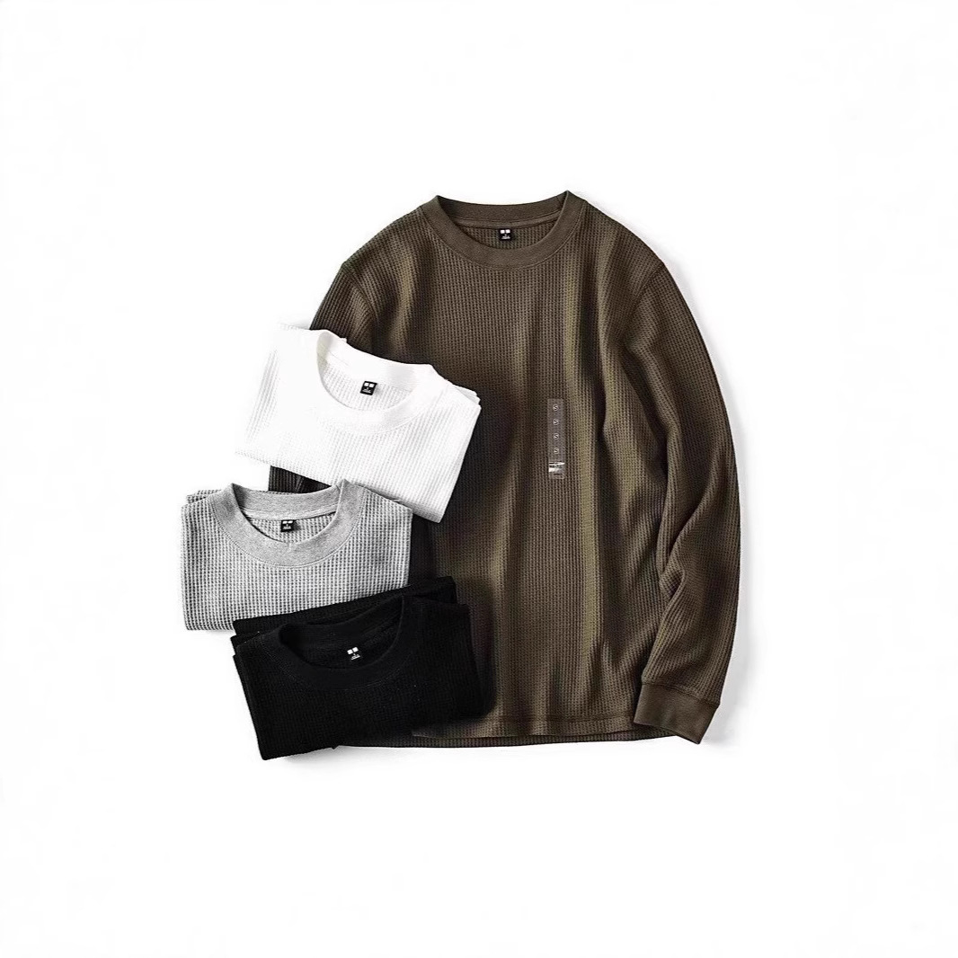 Men's Clothing Waffle Knit Long Sleeve T-Shirt With Cuffed Sleeves - Textured Casual Crew Neck Pullover For Everyday Wear (White, Black, Gray, Green)_viptrois.com