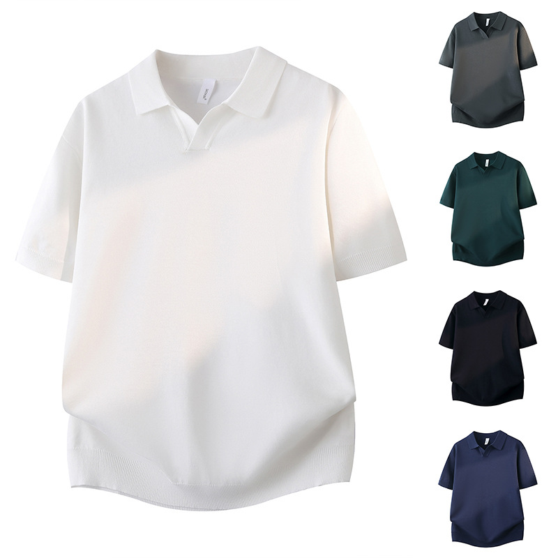 Polo camiseta de punto camiseta de manga corta hombre cuello V gaviota cuello viejo viento delgado camiseta de hielo de seda de verano fábrica transfronteriza al por mayor