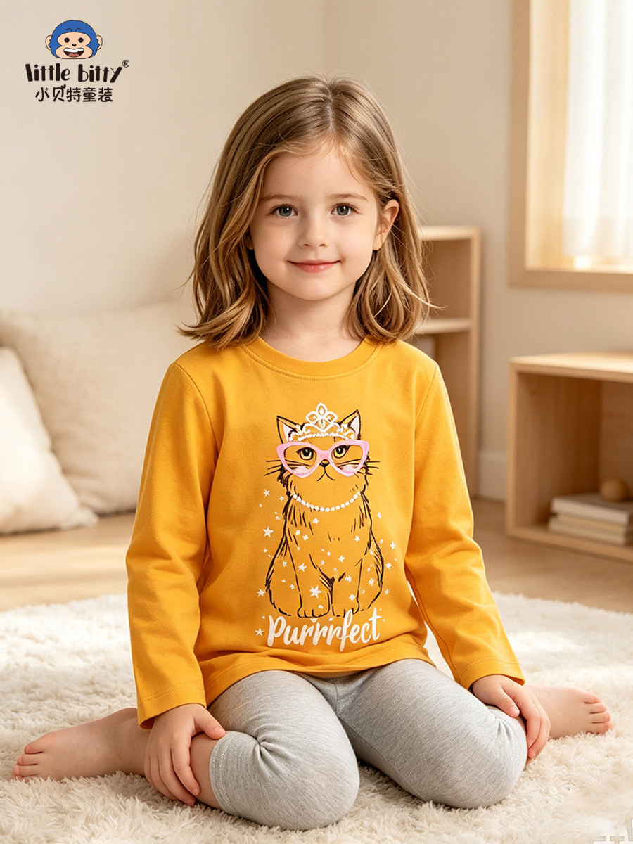 Casual children's clothing 2026 children's long-sleeve T-shirt with cute cartoon cat print, girls' round-neck T-shirt top