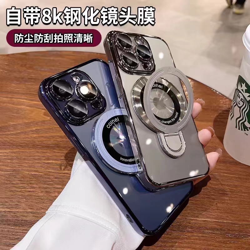 适用iPhone17PRO手机壳沙漠金电镀PC支架磁吸苹果16/15透明硬壳14