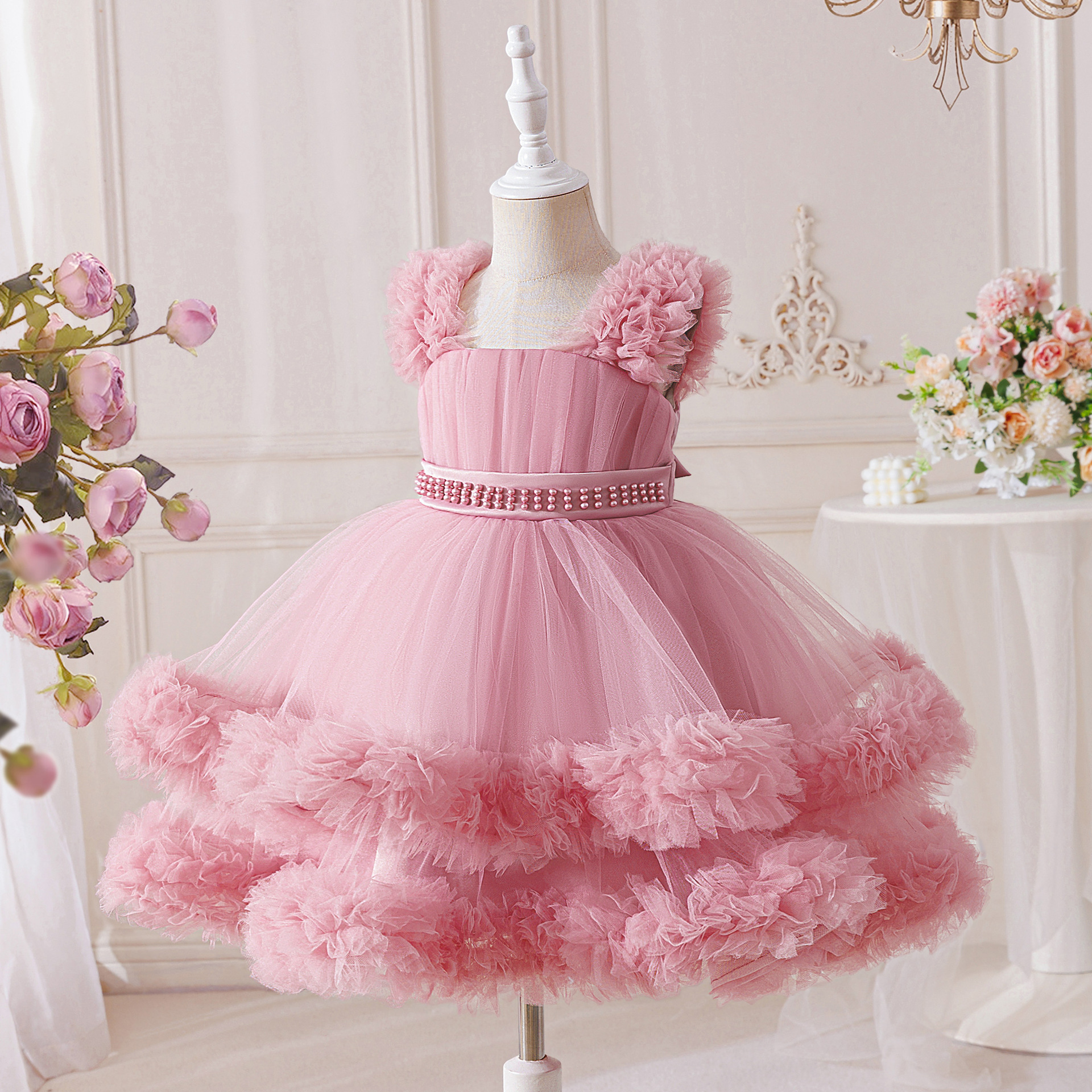 Vestido de malla para niños al por mayor exclusivo transfronterizo, vestido de princesa hinchado, vestido de ropa para niños grandes, ropa de un año para niñas