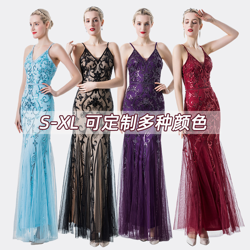 亞馬遜跨境亮片禮服性感吊帶連衣裙宴會歐美婚紗服新款女