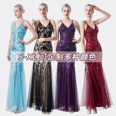 亞馬遜跨境亮片禮服性感吊帶連衣裙宴會歐美婚紗服新款女