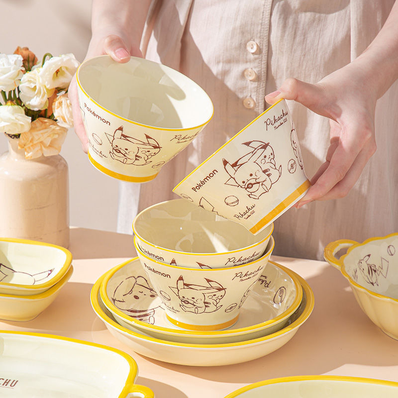 Pikachu Co-Branded Underglaze Ceramic Rice Bowl Plate Kidsren's Tableware Set Vegetable Plate Fish Plate Rice Bowl Cute Cartoon