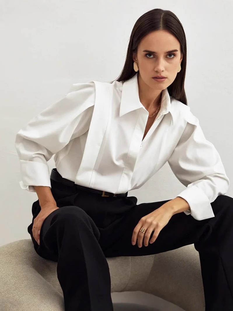 Diseño transfronterizo de Amazon nicho europeo y americano francés de viaje de ángulo recto hombro camisa delgada de primavera de mujer costura de manga larga