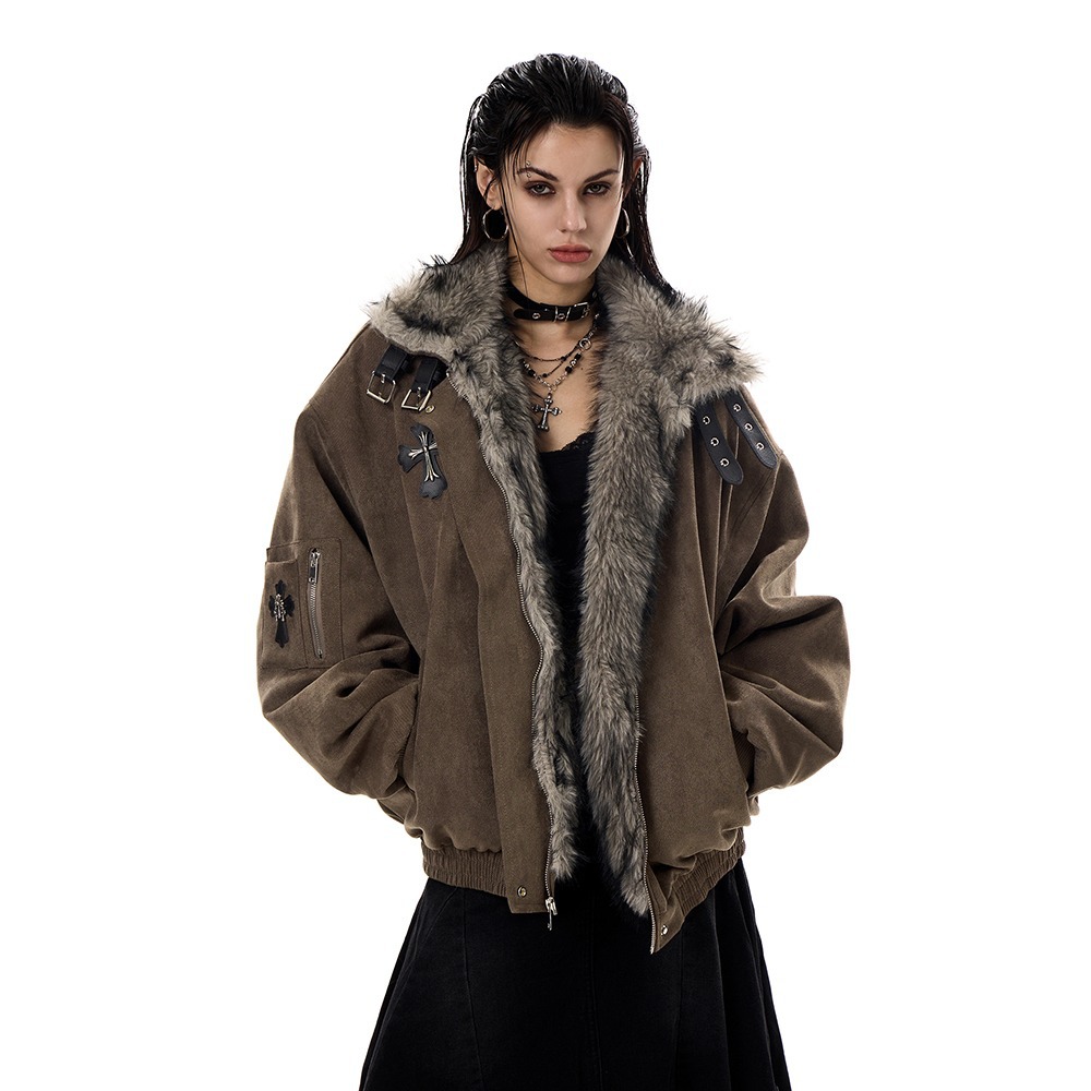 Women's Fur Collar Padded Jacket with Cross Design, Fleece-Lined and Thickened, Winter 2025 New Style, Trendy and Warm Cotton Coat