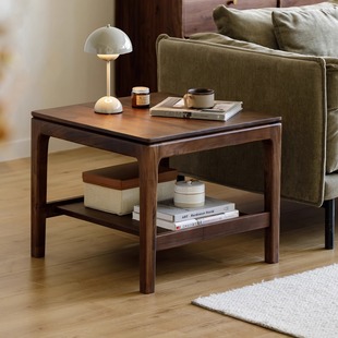 North American Black Walnut Solid Wood Home Sofa Side Table Corner Table Square Table Double-Layer Coffee Table Mid-Century Style Living Room Small Apartment