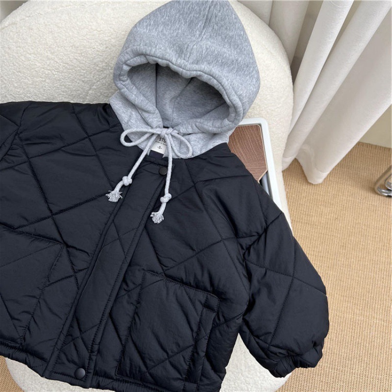 Korean children's winter style children's fake two-piece hooded cotton coat for boys and girls thick diamond mid-length cotton coat trend