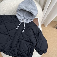 Korean children's winter style children's fake two-piece hooded cotton coat for boys and girls thick diamond mid-length cotton coat trend
