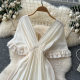 Fairy Gentle Dress Women's 2025 Summer French V Neck Waist Temperament Ruffled Stitching Drape Long Skirt