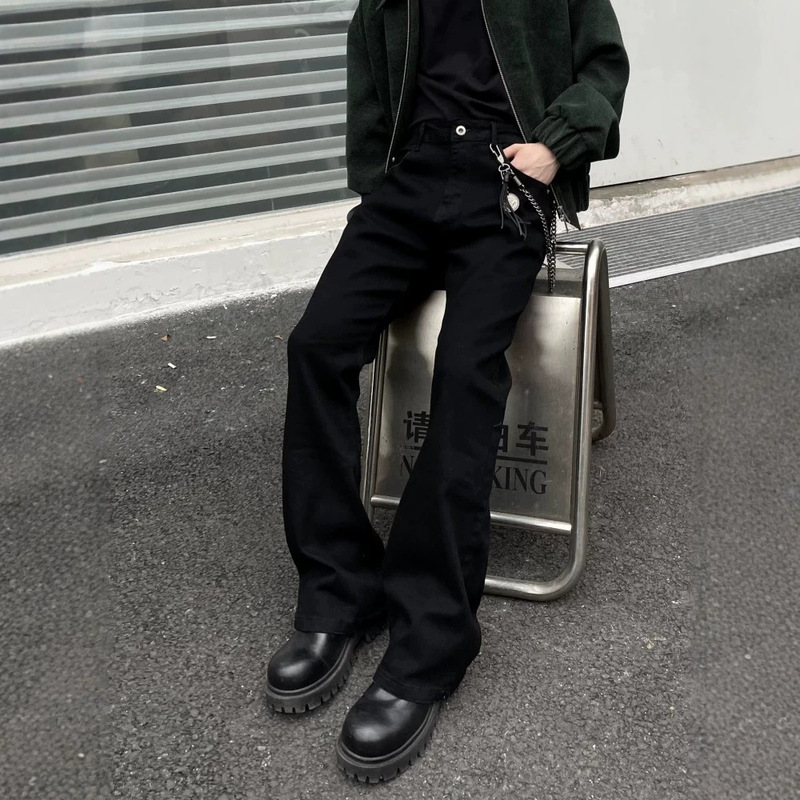 American high street vibe pure black flared jeans for men, trendy straight cut, slimming, drapey, floor-length cleanfit pants American high street vibe pure black flared jeans for men, trendy straight cut, slimming, drapey, floor-length cleanfit pants