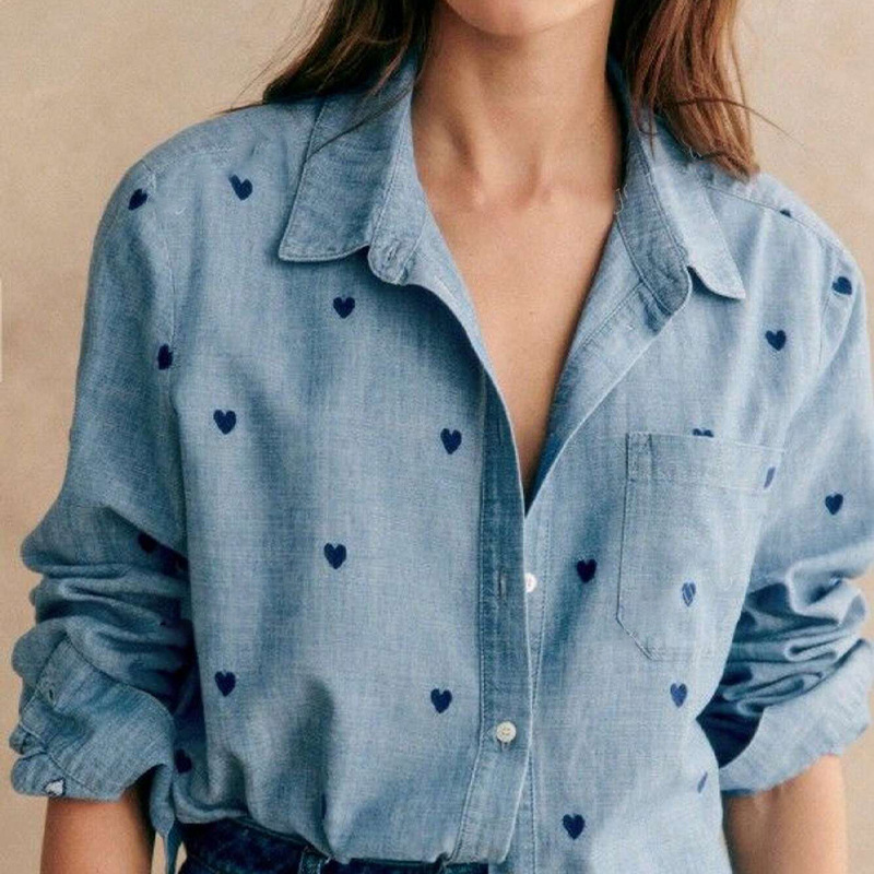 Elegant Oversized Long-Sleeve Digital Print Polo Collar Blouse for Women Euro Blue Office Casual Wear Top Sizes S to XL_voghion.com