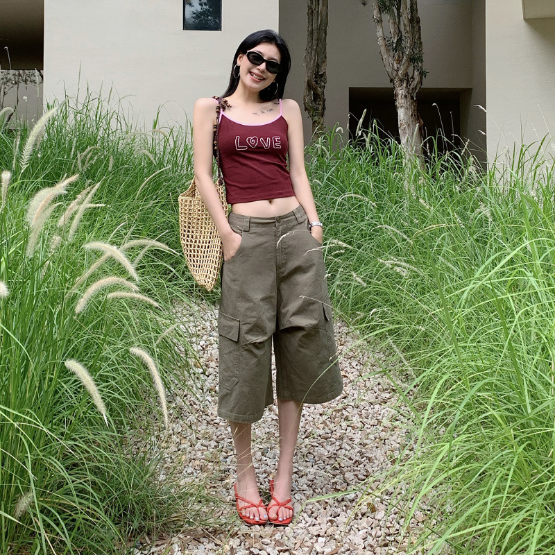 26Th Summer New Style American-Style Washed Drawstring Multi-Pocket Workwear Cropped Casual Pants for Women