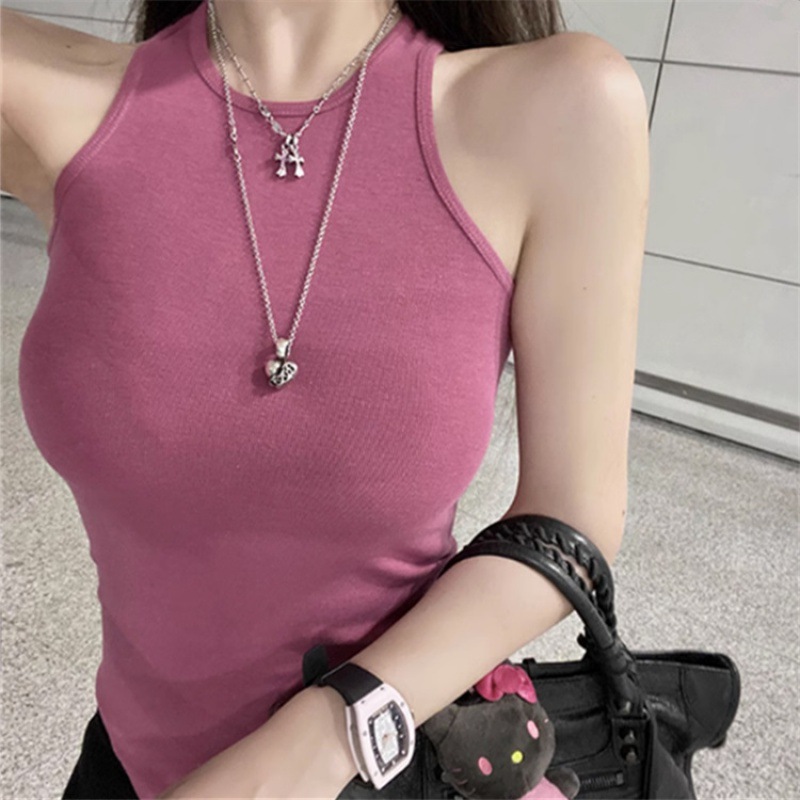Trendy European and American Women's Curved Hem Narrow Shoulder Tank Vest New Solid Color Thread Tight Top Spice Sling