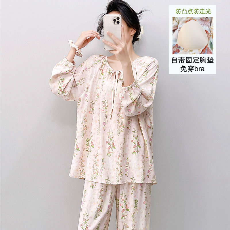 New Cotton Long-Sleeve Pajamas for Women, Summer Thin Homewear, Japanese Style Internet Celebrity Hot-Selling Anti-Bump Set with Chest Pads New Cotton Long-Sleeve Pajamas for Women, Summer Thin Homewear, Japanese Style Internet Celebrity Hot-Selling Anti-Bump Set with Chest Pads