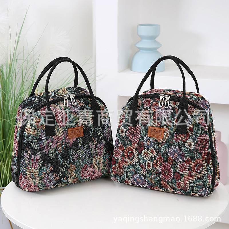 新款大容量ins小众饭盒包碎花手提铝箔帆布餐包女便当包野餐包保