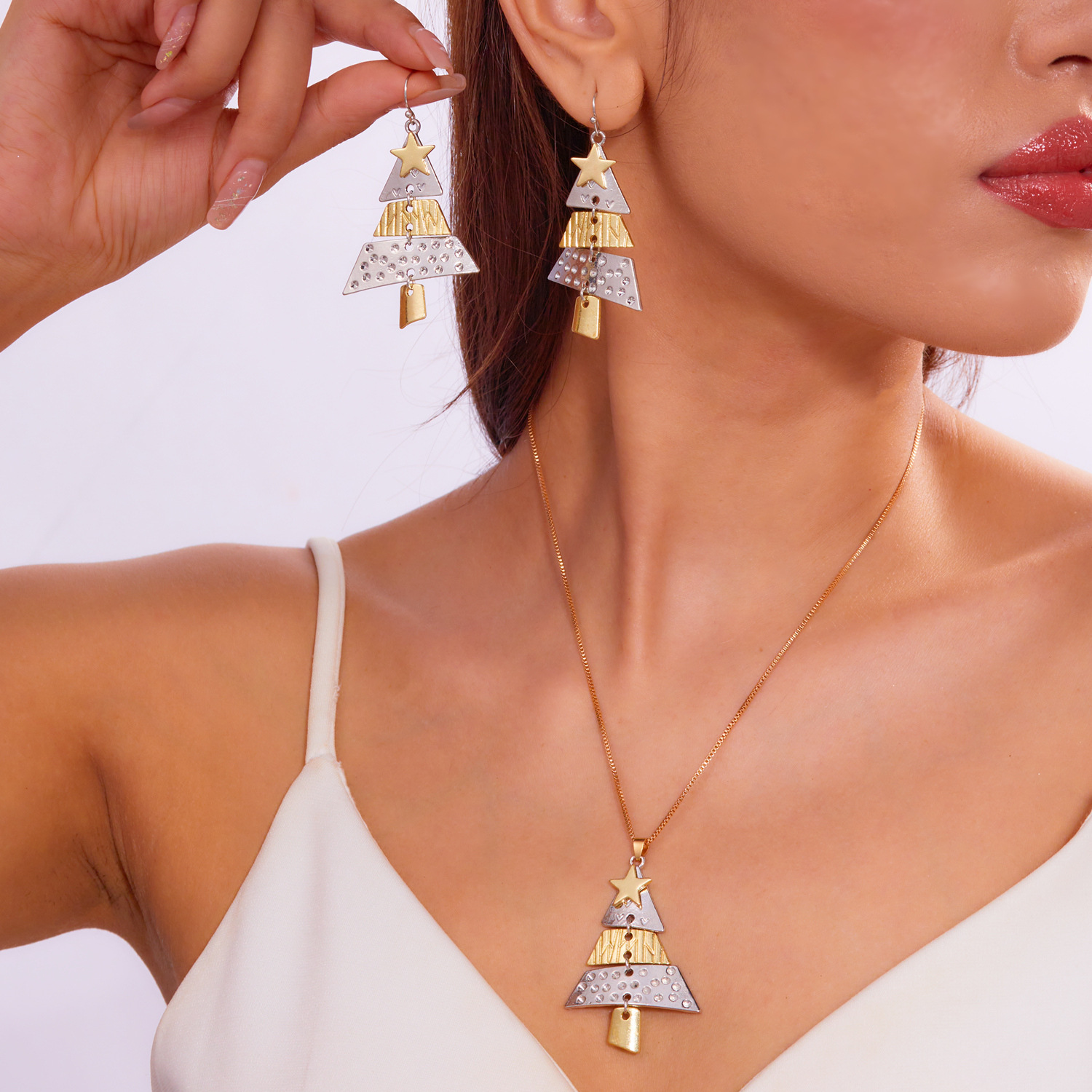 Conjunto de colar e brincos de árvore de natal para festa_voghion.com