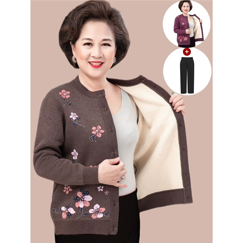 Среднего и пожилого возраста зимняя одежда бабушки плюс флисная куртка теплая одежда мама весна и осень свитер миссис кардиган пожилая одежда