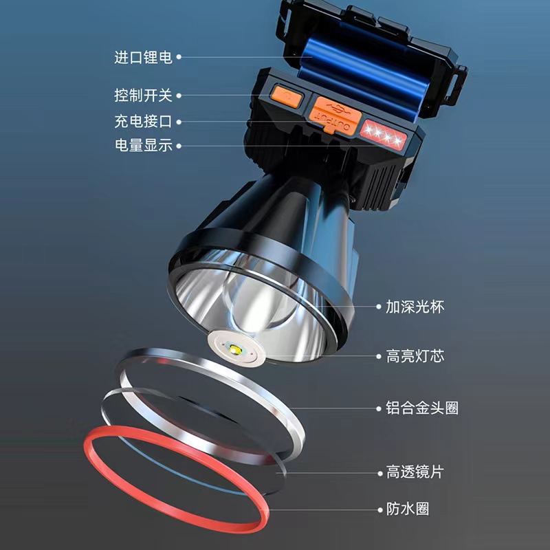 Linterna frontal de luz fuerte LED de largo alcance, linterna multifunción para pesca al aire libre, lámpara de minero recargable, de alto brillo y largo alcance