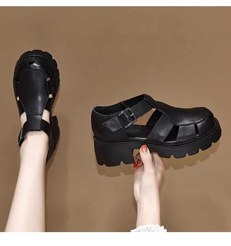 Giày sandal nữ bít mũi da thật phong cách retro đế dày gót thấp — Màu nâu chi tiết 5