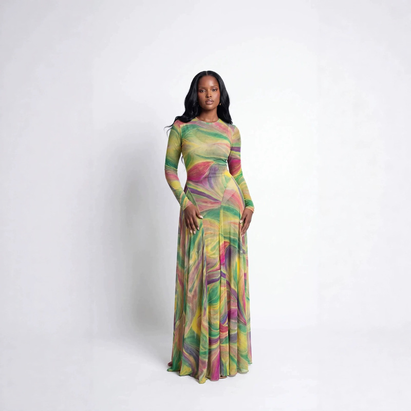 European and American Cross-Border Women's Clothing 2026 Spring New Style Elegant Round Neck Printed Slim-Fit Evening Dress Long-Sleeved Dress