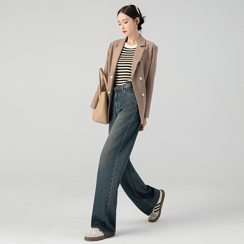 (2개) 시멘트 회색 높은 허리 넓은 다리 청바지 여성의 가을 2024 작은 남자를위한 새로운 슈퍼 잘 생긴 스트레이트 바지