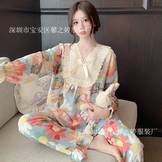 跨境大码云朵棉睡衣女春秋季可爱卡通长袖长裤宽松甜美胖mm家居服