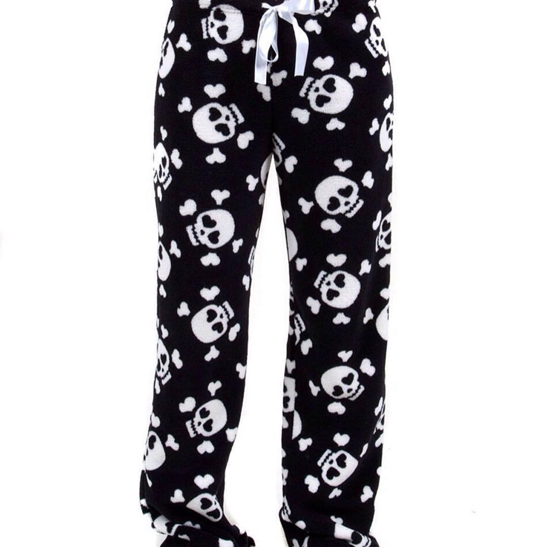 Cruz-Red de terciopelo cráneo pantalones de pijama impreso pantalones de pijama casual casa pantalones de dibujos animados lindo Suelto