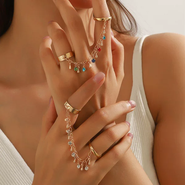 European and American Fashion Rhinestone Zircon Tassel One-Piece Ring Trendy Personalized Creative Chain Cross-Border Jewelry for Women