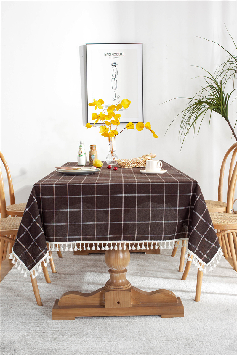 Cafe Double-line Plaid Cotton-polyester-linen Tassel Geometric Rectangular Dining And Coffee Table Tablecloth, Available_voghion.com