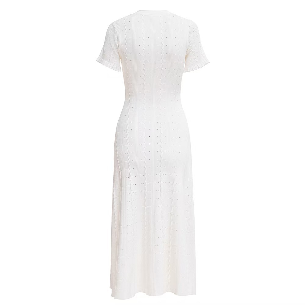 Women's European American Style Knitted Dress Simple Elegant Summer Single-Breasted Hollow out Slim Fit Temperament Long Dress_ecoleips.com