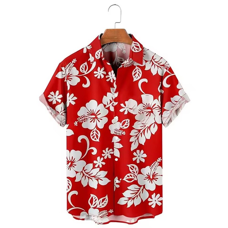 Men's Shirt Floral Pattern Printed Slim Fit Dark Red Clover Streetwear Casual Short Sleeve Button Clothing Shirt