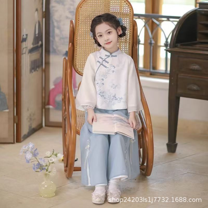 Hanfu for Girls 2026 New Spring Traditional Chinese Clothing Children's Set, Republic of China Style Tang Suit, Ancient Style Chinese Long-Sleeve Set