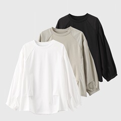 シンプルな長袖ランタン袖ゆったりラウンドネック秋用切り替えシャツインナー兼アウターウェア2936日韓カジュアルスタイル