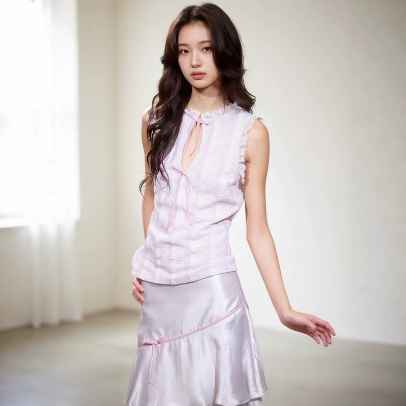 Lveton Lace Contrast Color Velvet Strappy Top for Women Summer Girly Bow Collar Sleeveless Vest Lveton Lace Contrast Color Velvet Strappy Top for Women Summer Girly Bow Collar Sleeveless Vest